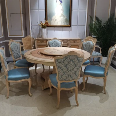 Comedor de estilo francés clásico de lujo, muebles antiguos, mesa de comedor y sillas redondas de madera de fresno