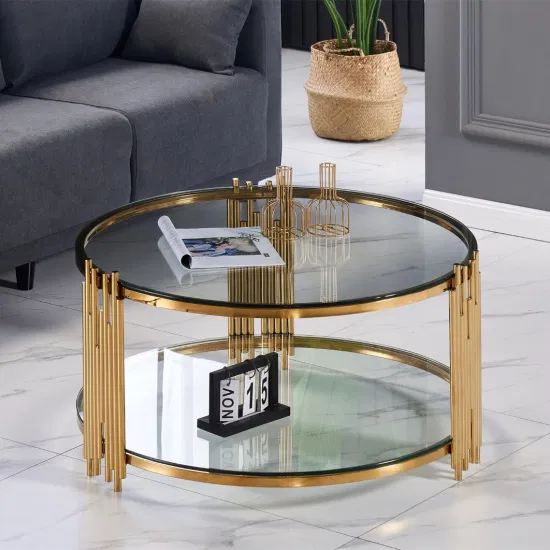 Mesa de centro redonda con tapa de cristal negro, muebles para el hogar, sala de estar de acero inoxidable dorado de lujo, diseño moderno