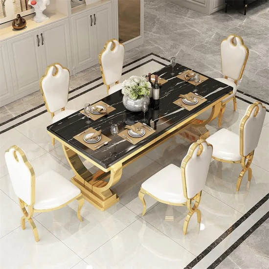 Juego de comedor moderno, muebles para el hogar, mesa de comedor de acero inoxidable cromado plateado con tapa de mármol